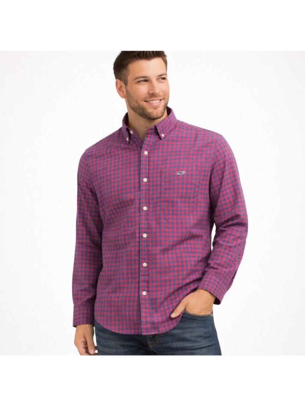 Vineyard Vines Mens Classic Fit Tucker Shirt Blue Red Gingham Long Sleeve Size S